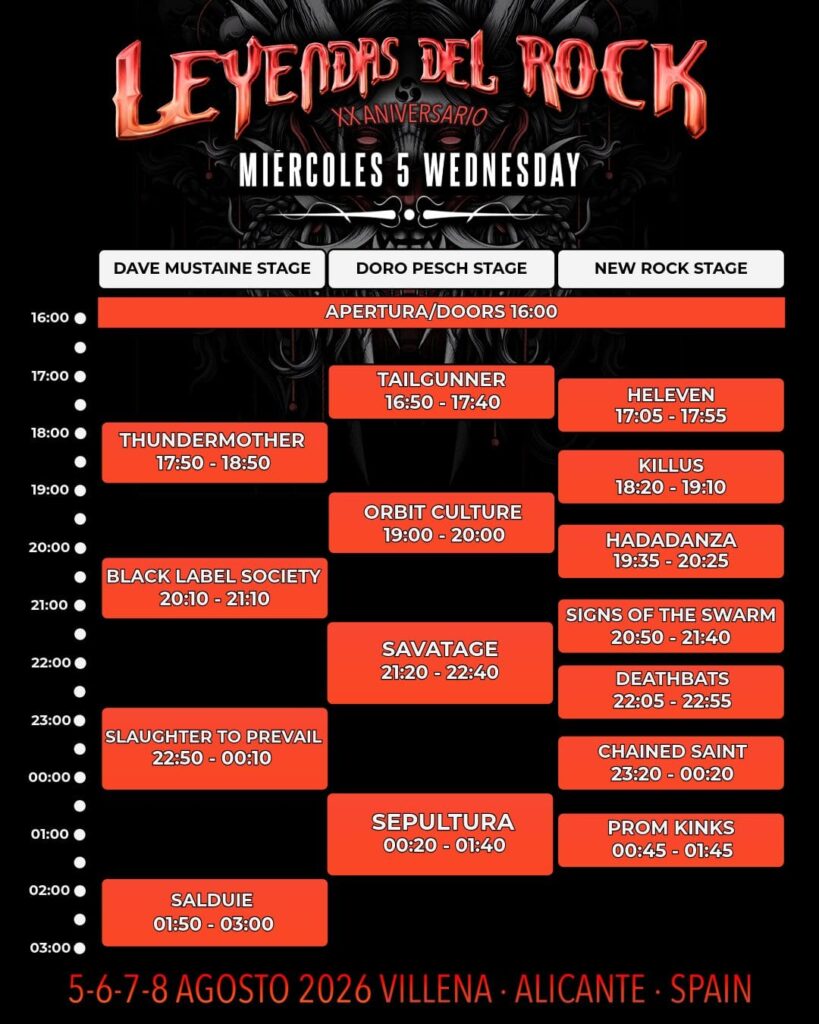 Horarios miércoles Leyendas del Rock 2026