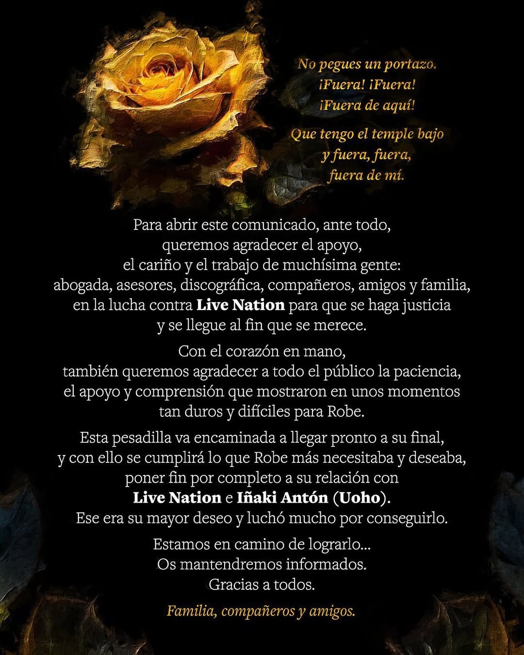 Comunicado en redes sociales de Robe sobre Live Nation e Iñaki Uoho