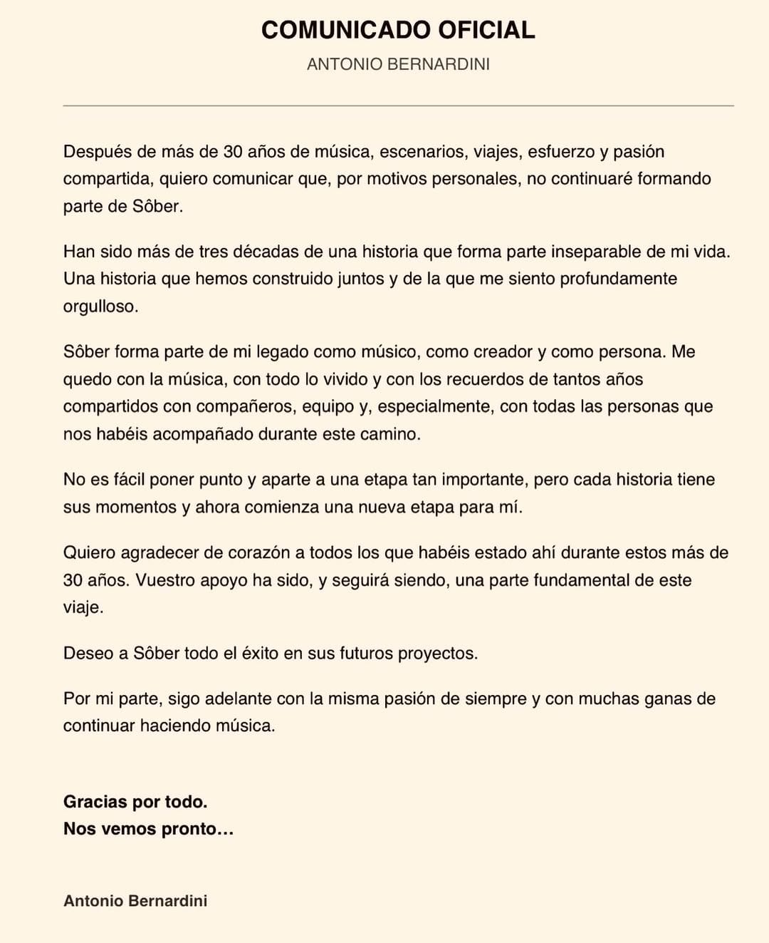 Antonio Bernardini deja Sober tras más de 30 años